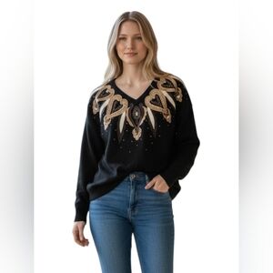 Vintage 80s European Fashion Beaded Sweater Made in Hong Kong Holiday Glam Party